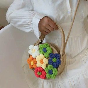 Round Knitted Crochet Flower Handbag • Crossbody Floral Crocheted Bag • Boho
